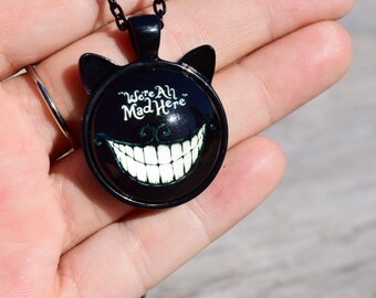 Cheshire Cat Ear Necklace, We're All Mad Here Necklace, Alice in Wonderland Jewelry, Cheshire Cat Smile Necklace, Were All Mad Here Quote