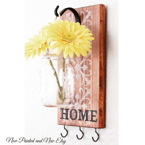 Housewarming Key Holder Mason Jar on Wood by NowPaintedandNew