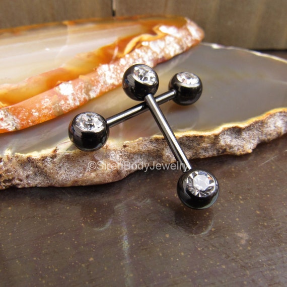 Black nipple piercing jewelry barbell pair 14g by SirenBodyJewelry