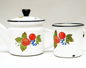 enamel teapot vintage soviet retro rustic pitcher metallic strawberry enamel set teapot vintage retro teapot antique teapot metallic teapot