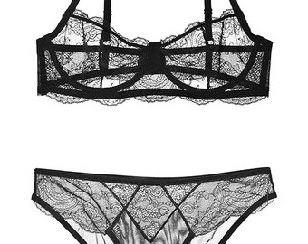 Handmade Black Sheer Lace Bra and Panties Set by Backseam