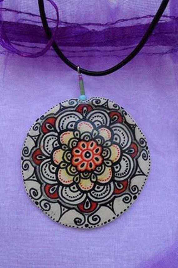 Mandala Zentangle Drawing Pendant Necklace Polymer by DHANAjewelry