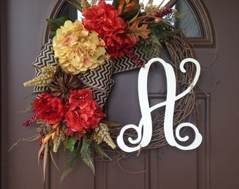 Wreath - Fall Wreath for Front Door - Front Door Decor - Hydrangea Wreath - Front Door Wreaths with Initial - Monogram Autumn Wreath - Gift