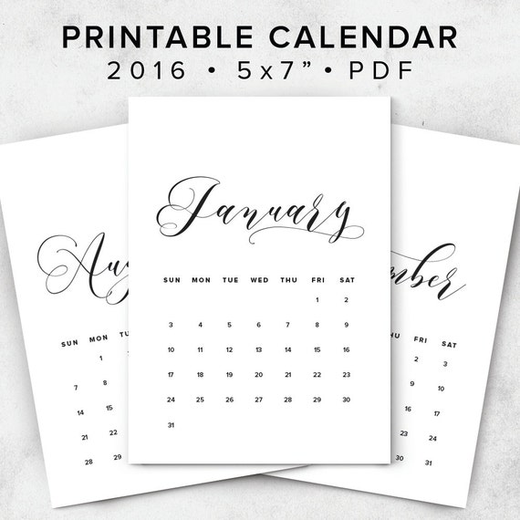 Printable Calendar 2016 Minimal Calligraphy Calendar Desk