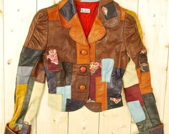 Vintage 1970's HENRI BENDEL Patchwork Leather Jacket / Handmade / Hand Painted / Retro Collectable Rare