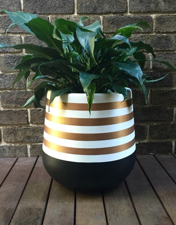 Handpainted lightweight indoor plant pot black white gold