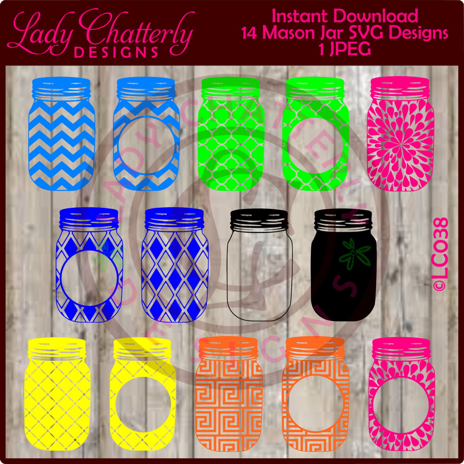 Download LC038 14 Patterned Mason Jar Monogram SVG Designs