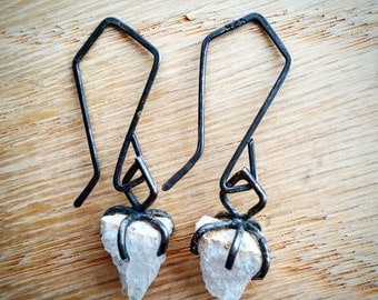 Raw Quartz Crystal Drop Earrings Raw Quartz Earrings Dangle Earrings Oxidized Sterling Silver Rustic Gothic Earrings Raw Stone Earrings