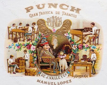 Antique Mr. Punch Cuban Cigar Box Label lithograph illustration digital download. punch and judy, toby the dog, puppet show, 1910s, havana
