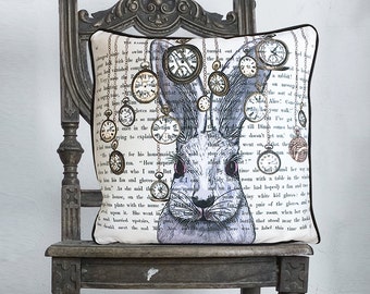 Alice in wonderland pillow cover - white rabbit pillow white rabbit cushion - alice in wonderland decor White rabbit print decorations