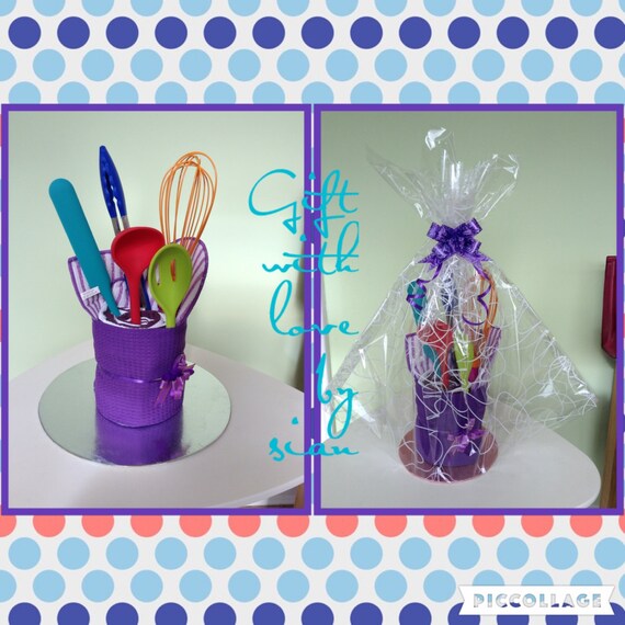 Tea towel cake with utensils by Giftwithlovebysian on Etsy