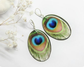 Feather earrings for women gift feather peacock earrings Sister gift for wife boho earrings green jewelry animal earrings indian earrings