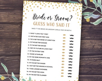Bride or Groom Game, He Said She Said Bridal Shower Game Printable, Wedding Shower Games Instant Download, Gold Confetti, Glitter, Funniest