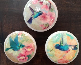 1.5 inch Hummingbirds cabinet knobs drawer pulls decoupaged