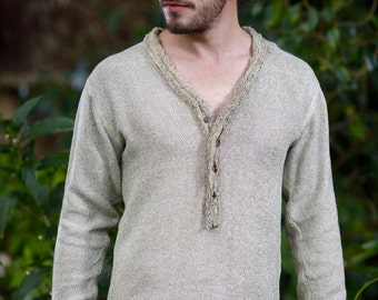 Handmade Neo Matrix Off White Long Sleeve Mens Shirt Top, Gypsy Earthy Jungle Tribal Desert Nomadic Ethnic Festival Rave Primitive AJJAYA