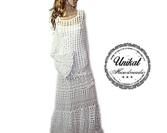 HAND CROCHET handmade unique STRETCH Maxi dress dress trumpet sleeve 42 44 46