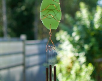 Wind Chime Beach Glass and Copper Sun Catcher with Brass Chimes stained glass sea glass windchimes