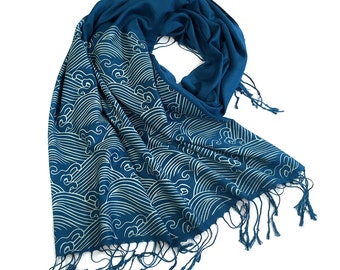 Crashing Waves scarf. Japanese textile motif pashmina. Silkscreened linen weave pashmina; choose ice on teal blue & more.