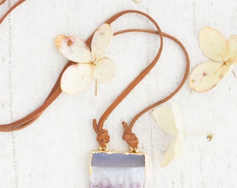 Leather and Amethyst Pendant Necklace, Amethyst and Leather cord Necklace, Statement Necklace