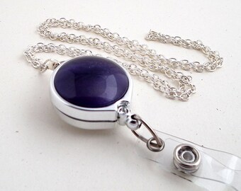 Silver Chain Badge Reel Lanyard - Purple Button on Chrome Badge Reel