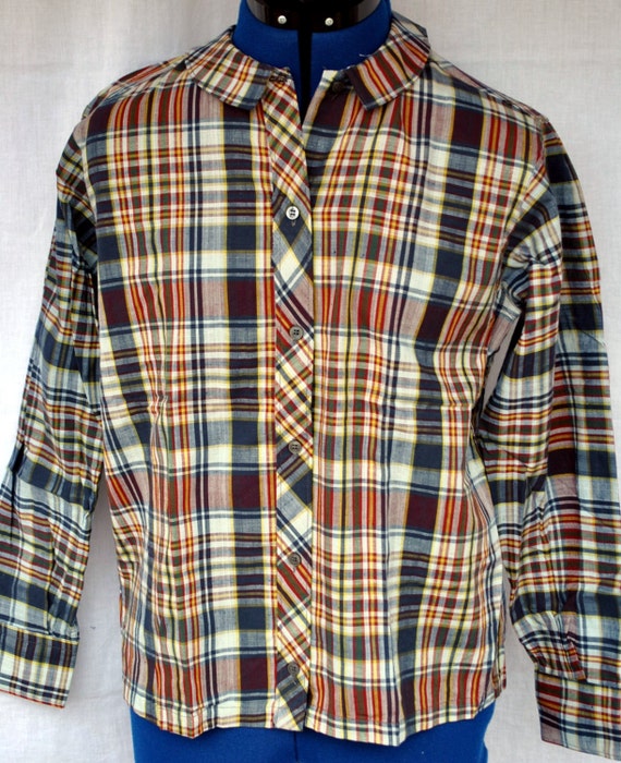 Vintage 1960s Bleeding Madras Blouse Long Sleeved Button Up