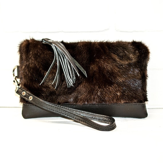 black clutch real fur wrist clutch fur wristlet phone