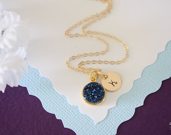 Gold Initial Druzy Necklace Blue, Crystal Necklace, Druzy Pendant, Gold Druzy, Dark Blue Pendant, Initial Jewelry, Natural Stone