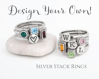 Design your Own Silver Stackable Rings. Mix Initial and Birthstone Stack Rings to create your own personalized look! Great Gift for Mom