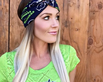 Seattle Seahawks Vintage Style Turban Headband || Hair Band Accessory Cotton Workout Yoga Fashion Navy Blue White Green Hawks Scarf