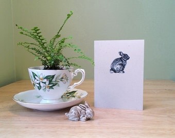 Bunny note card. Eco friendly recycled notecard with bunny drawing, and rabbit facts on back. Bunny stationery card.