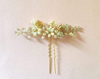 Anarkali - Bridal Hair Pin, Gold Ivory wedding