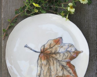 Ceramic Woodland Maple Leaf Hand Drawn Fine Art Plate One of a Kind Gift Idea Home Decor, Handmade Artisan Pottery by Licia Lucas Pfadt