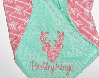 Personalized Baby Girl Blanket, Deer Head Blanket, Arrows Blanket, Coral and Mint Blanket, Buck Head Blanket, Double Minky Blanket