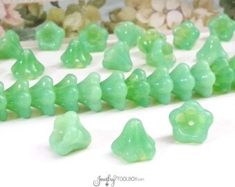 Jade Opal Bell Flower Beads, Czech Glass Beads, Large Bell Flower Bead Cap, 11x13mm Bell Flower Beads Lt Green Beads, Lot Size 10, #306