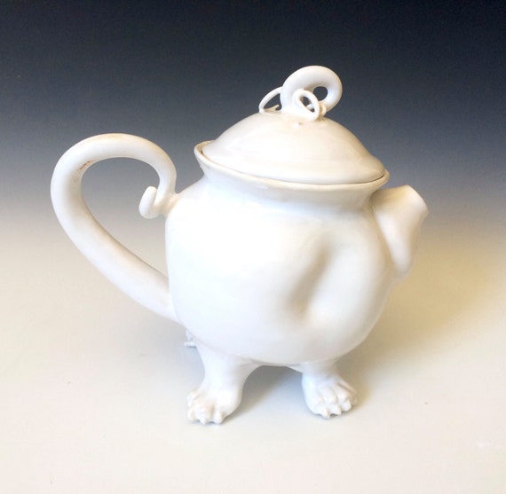 Creature Teapot White teapot with Hand Made Sculptured Feet