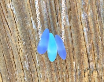 Mixed Blues Sea Glass Necklace Sterling Silver Chain by Wave of Life™