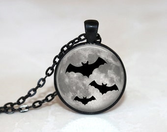 Halloween Necklace GlassTile Necklace Moon Jewelry Glass Tile Jewelry Halloween Jewelry Bat Jewelry Holiday Jewelry Black Jewelry