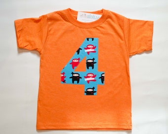 Size 4 Ninja Birthday Shirt, Orange Red Black Blue, Short Sleeve, I am 4 Tee, Applique Number 4 Shirt, Ninja Birthday, Ready to Ship