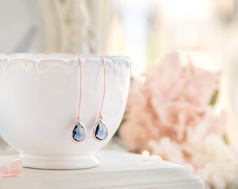 Rose Gold Navy Blue Earrings, Wedding Jewelry, Bridesmaid Gift, Sapphire Blue Glass Earrings, Rose Gold Jewelry, Anniversary Gift for her