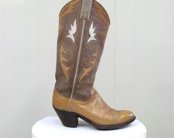 Vintage 1980s Cowboy Boots / 80s Tan Roughout Leather Inlay Western Boots / Womens Size 5 1/2 B US