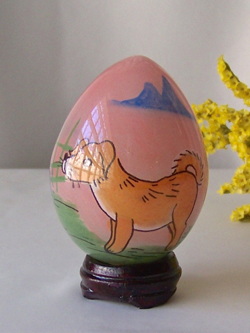 Vintage Glass Egg Églomisé Hand Painted Puppy Easter Egg Gift