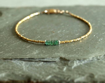 Small Gold Emerald Bracelet, gemstone bracelet, untreated natural Zambian emeralds, 14K goldfilled, gold vermeil beads, real emerald jewelry