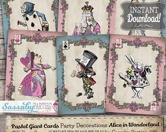Alice in Wonderland Pastel Giant Cards / INSTANT DOWNLOAD / Printable Birthday / Baby Shower / Party Decoration / Decor / Deck / Mad Hatter