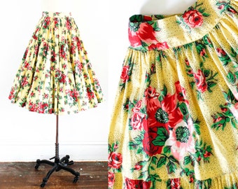 Vintage 1940s skirt . Summer Poppies . floral print tiered 40s skirt . yellow 1940s cotton circle skirt