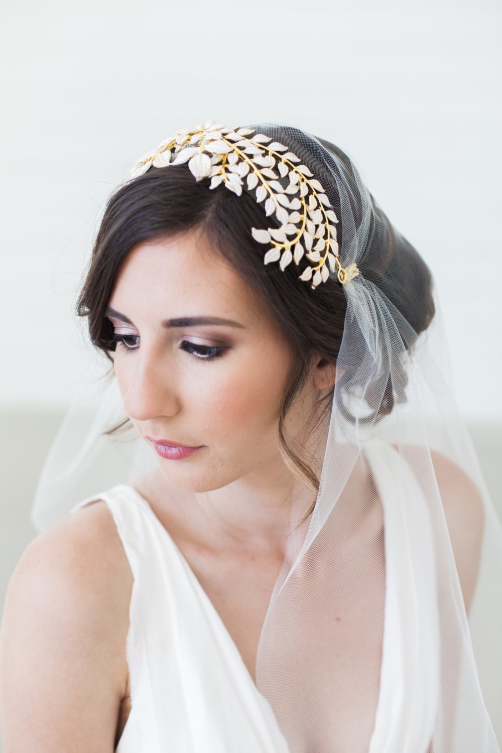 Gold Grecian Headpiece Laurel Leaves Tiara Bridal Cap White