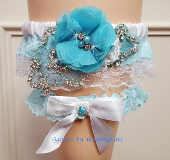 Aqua Blue Wedding Garter Set/ White Lace Bridal by Weddingzilla
