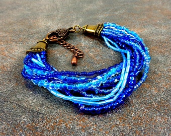 Statement Bracelet, Blue, Seed Bead Bracelet, Multistrand Bracelet, Glass Bead Bracelet, Blue Bracelet, Big Bracelet, Boho Bracelet