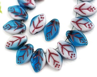 12x7mm Mixed Blue White Leaf beads, Dark Red Inlays, Light green Czech glass pressed leaves - 25Pc - 1120