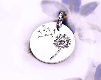 Silver Dandelion charm, Sterling silver 925 flower, dandelion pendant, 14mm - 1pc - F418