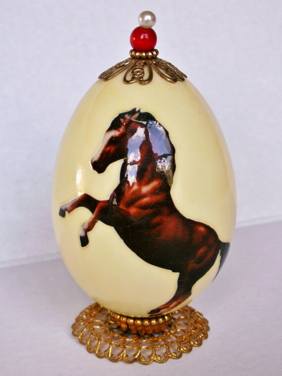 Vintage Horse Egg on Golden Filigree Stand Decopaged Horse